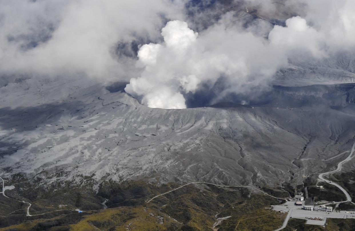 Smoke rises from a crater of Mount Aso, Kumamoto prefecture, southwestern Japan, on Wednesday.