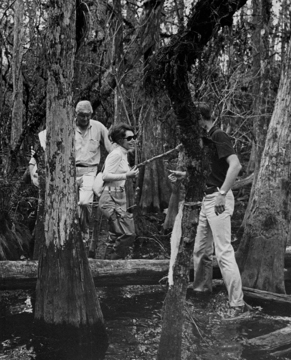 Hip waders keep the feet of Julie Eisenhower dry through the Great Cypress Swamp with Secretary of the Interior Rogers Morton in January 1972.