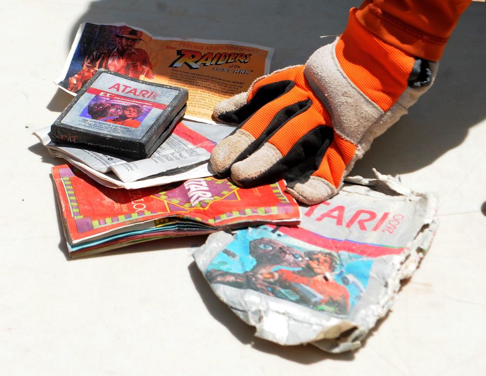 The first recovered Atari cartridge and packaging recovered from the old Alamogordo landfill are shown in Alamogordo