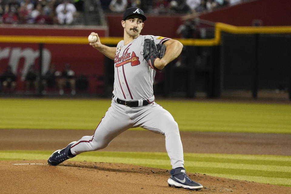 Atlanta Braves staring pitcher Spencer Strider throws to an Arizona Diamondbacks batter during the first inning of a baseball game Saturday, June 3, 2023, in Phoenix. (AP Photo/Darryl Webb)