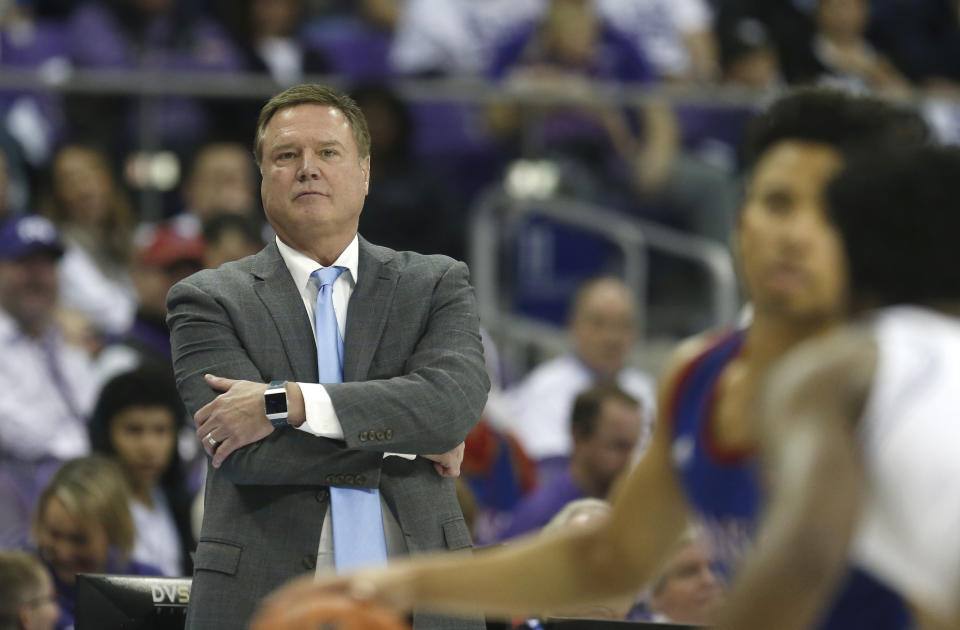 Kansas head coach Bill Self watches his team play against TCU during the second half of an NCAA college basketball game, Saturday, Feb. 8, 2020, in Fort Worth, Texas. Kansas won 60-46. (AP Photo/Ron Jenkins)