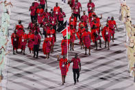 <p>TOKYO, JAPAN - JULY 23: Flag bearers Mercy Moim and Andrew Amonde of Team Kenya during the Opening Ceremony of the Tokyo 2020 Olympic Games at Olympic Stadium on July 23, 2021 in Tokyo, Japan. (Photo by Clive Brunskill/Getty Images)</p> 