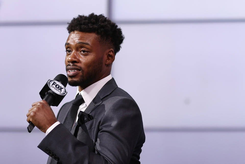 LOS ANGELES, CALIFORNIA - JULY 11: Errol Spence Jr speaks during a press conference with Manny Pacquiao at Fox Studios on July 11, 2021 in Los Angeles, California. Their fight is scheduled on Aug. 21, 2021 at T-Mobile Arena in Las Vegas, Nevada. (Photo by Michael Owens/Getty Images)