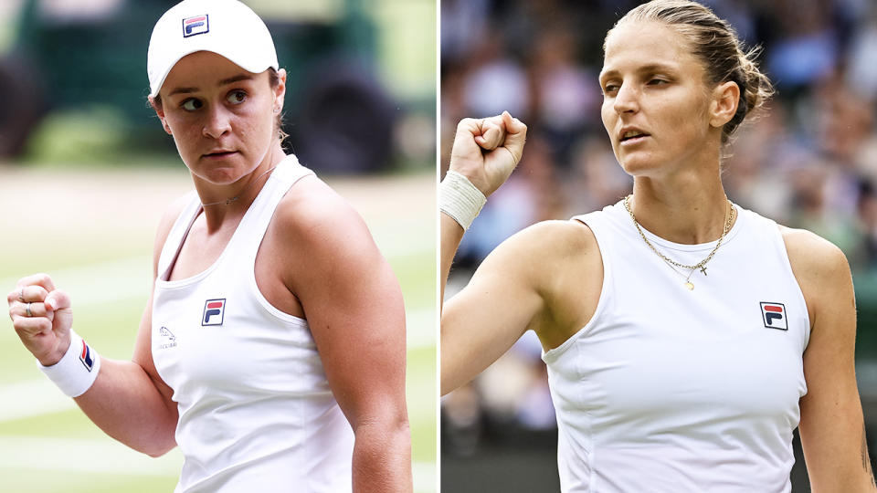 Ash Barty and Karolina Pliskova, pictured here in action at Wimbledon.