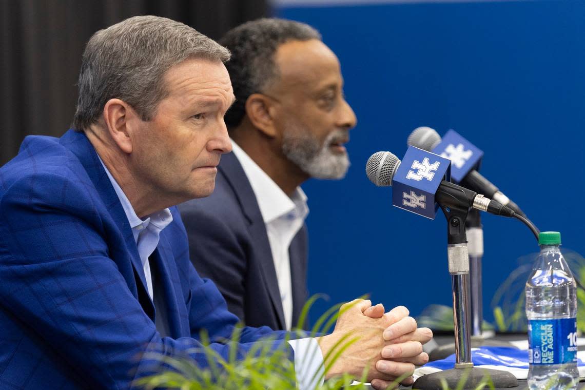 Kenny Brooks, right, with UK athletics director Mitch Barnhart, said Thursday: “We are going to put a product out there that you are going to be very, very proud of.” Silas Walker/swalker@herald-leader.com