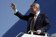 President Donald Trump arrives at Moffett Federal Airfield to attend a fundraiser, Tuesday, Sept. 17, 2019, in Mountain View, Calif. (AP Photo/Evan Vucci)