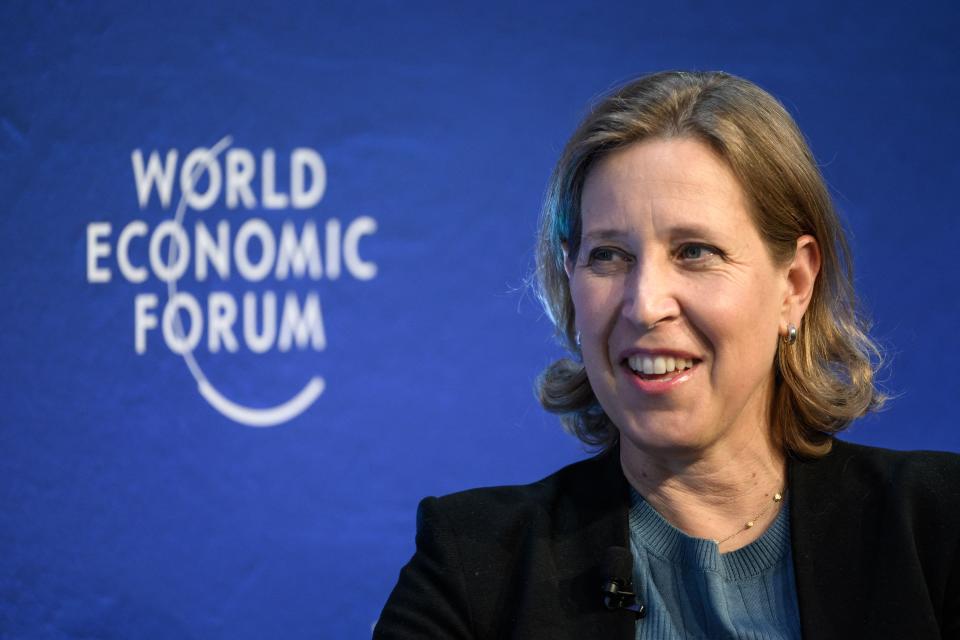 You Tube CEO Susan Wojcicki gestures during a session at the World Economic Forum annual meeting in Davos on May 24, 2022.