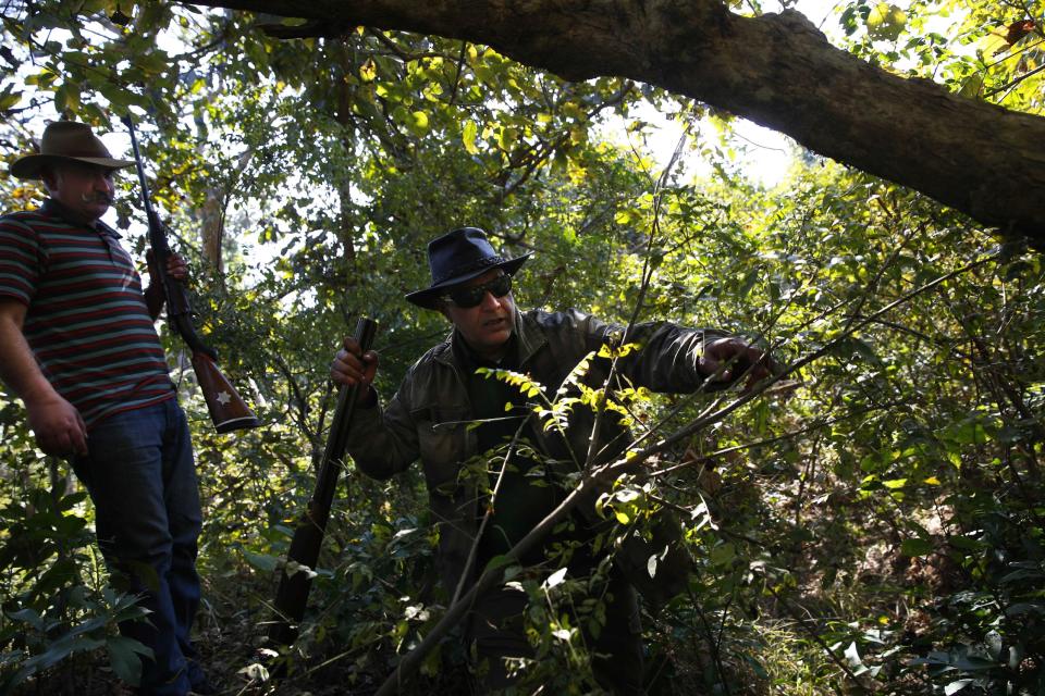 In this Thursday, Feb. 13, 2014 photo, Samar Jeet Singh, left, and Sanjay Singh, hunters who have been brought in to kill a man eating tiger, walk near the site where the tiger killed an elderly man, at the forest range of Sahuwala, in northern India. One of the challenges facing the hunters and forest officials is to properly identify the tiger that is killing human beings as the area she is in is rich in fauna and is home to several other tigers. (AP Photo/Saurabh Das)