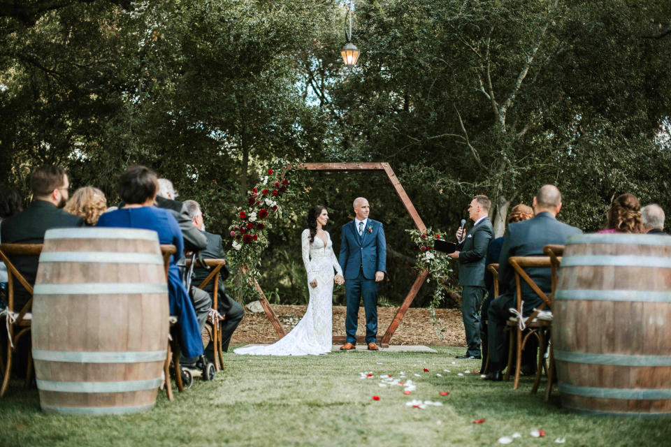 This photo shows the wedding of Renee and Ryan McCarthy in March 2019 at Temecula Creek Inn in Temecula, Calif. The couple had 24 guests, feeding a trend toward micro weddings that has grown stronger since the coronavirus pandemic sent millions into isolation. (Monique Bianca Photography via AP)