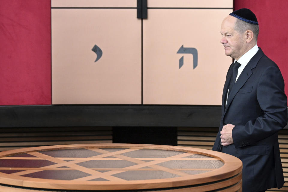 German Chancellor Olaf Scholz attends the inauguration of the newly built synagogue in Dessau, Germany, Sunday, Oct. 22, 2023. Scholz said Germany will do everything to protect and strengthen Jewish life in his remarks at the inauguration of the Weill Synagogue in Dessau. (Hendrik Schmidt/Pool Photo via AP)