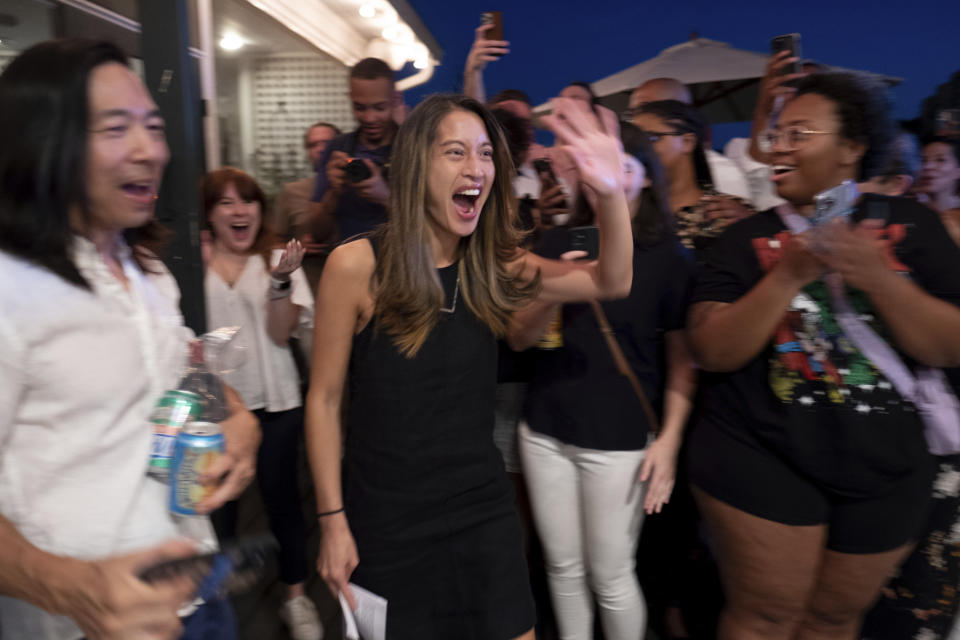 CORRECTS MONTH TO JUNE INSTEAD OF JANUARY - Georgia state Rep. Bee Nguyen celebrates Tuesday, June 21, 2022, in Atlanta after winning a runoff election to be the Democratic candidate for Georgia Secretary of State. (AP Photo/Ben Gray)