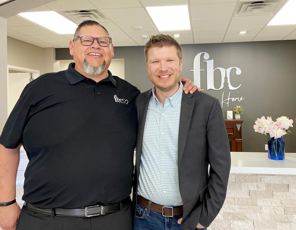 The Rev. Mike Keahbone, senior pastor of First Baptist Church of Lawton, left, poses for a photo with the Rev. Josh Wester, chairman of the Southern Baptist Convention's Abuse Reform Implementation Task Force, during Wester's visit to First Baptist-Lawton.