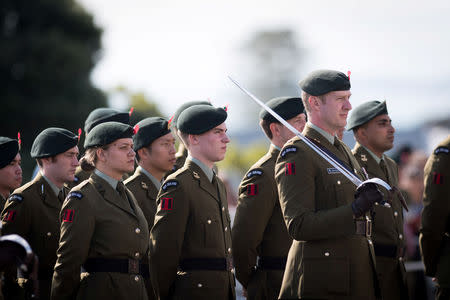 Soldiers stand at attention as Britain's Prince William attends an ANZAC Day service in Auckland, New Zealand April 25, 2019. Mark Tantrum/The New Zealand Government/Handout via REUTERS