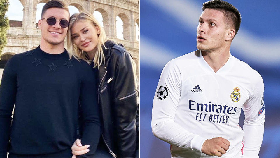 Luka Jovic, pictured here with his girlfriend and in action for Real Madrid.