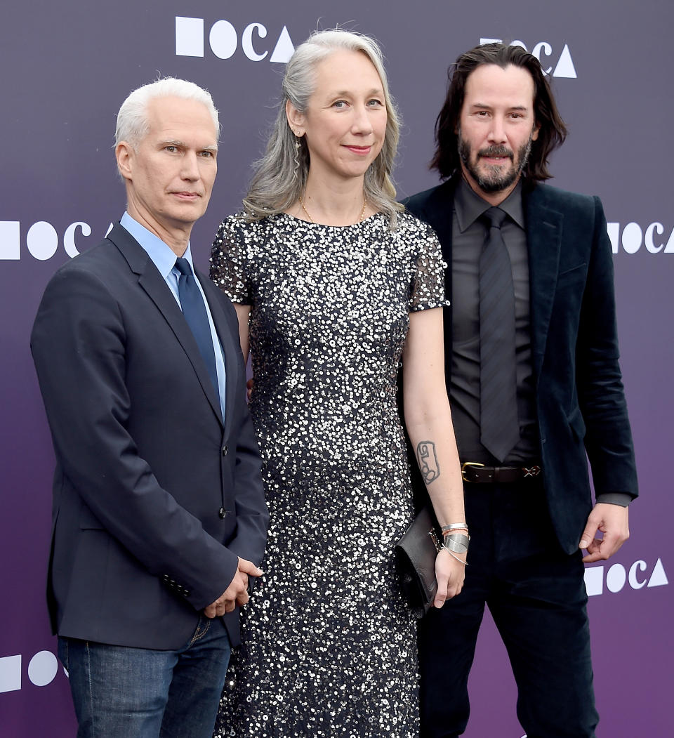 A photo of Alexandra Grant, Keanu Reeves and Klaus Biesenbach on the red carpet at the MOCA Benefit 2019 at The Geffen Contemporary at MOCA on May 18, 2019 in Los Angeles, California.