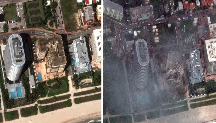 A split screen of satellite images of the building before and after the collapse.