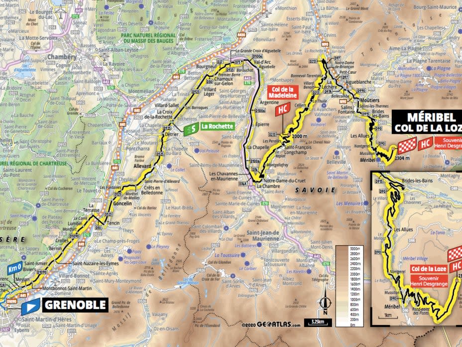 Stage 17 route map from Grenoble to Meribel (letour)