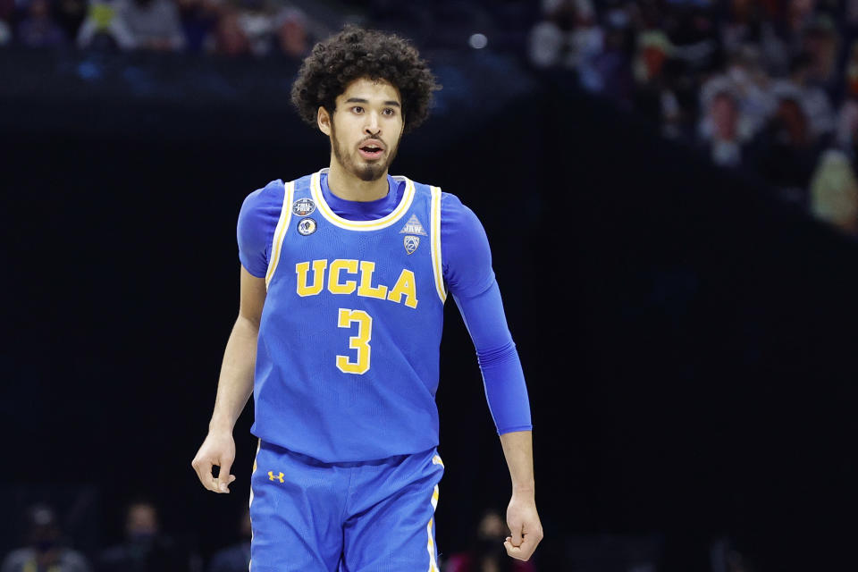 INDIANAPOLIS, INDIANA - APRIL 03: Johnny Juzang #3 of the UCLA Bruins reacts in the second half against the Gonzaga Bulldogs during the 2021 NCAA Final Four semifinal at Lucas Oil Stadium on April 03, 2021 in Indianapolis, Indiana. (Photo by Tim Nwachukwu/Getty Images)