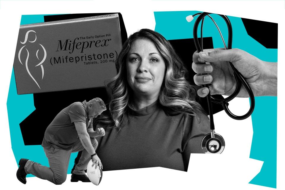 A box of mifepristone, kneeling football coach Joseph Kennedy, website designer Lorie Smith, a stethoscope.