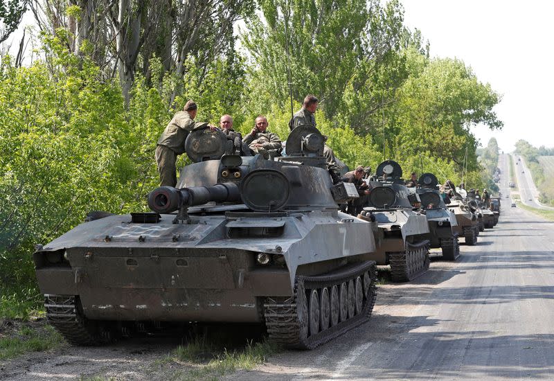 FILE PHOTO: A view shows an armoured convoy of pro-Russian troops outside Donetsk