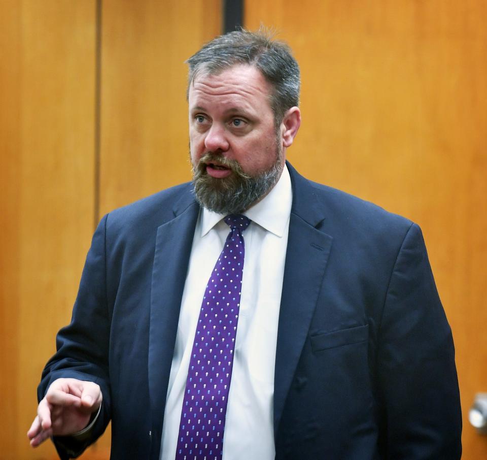 Dobie Kosub, then Wichita County's chief felony prosecutor, speaks during the trial of Jason Wayne Carlile in 78th District Court as shown in this Dec. 11, 2019, file photo.