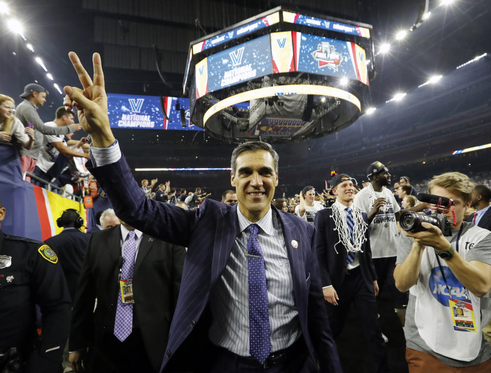 FILE - Villanova head coach Jay Wright celebrates after the NCAA Final Four tournament college basketball championship game against North Carolina, Monday, April 4, 2016, in Houston. Wright is among those announced Sunday, May 16, 2021 as the 2021 class for the Naismith Memorial Basketball Hall of Fame. (AP Photo/David J. Phillip, file)