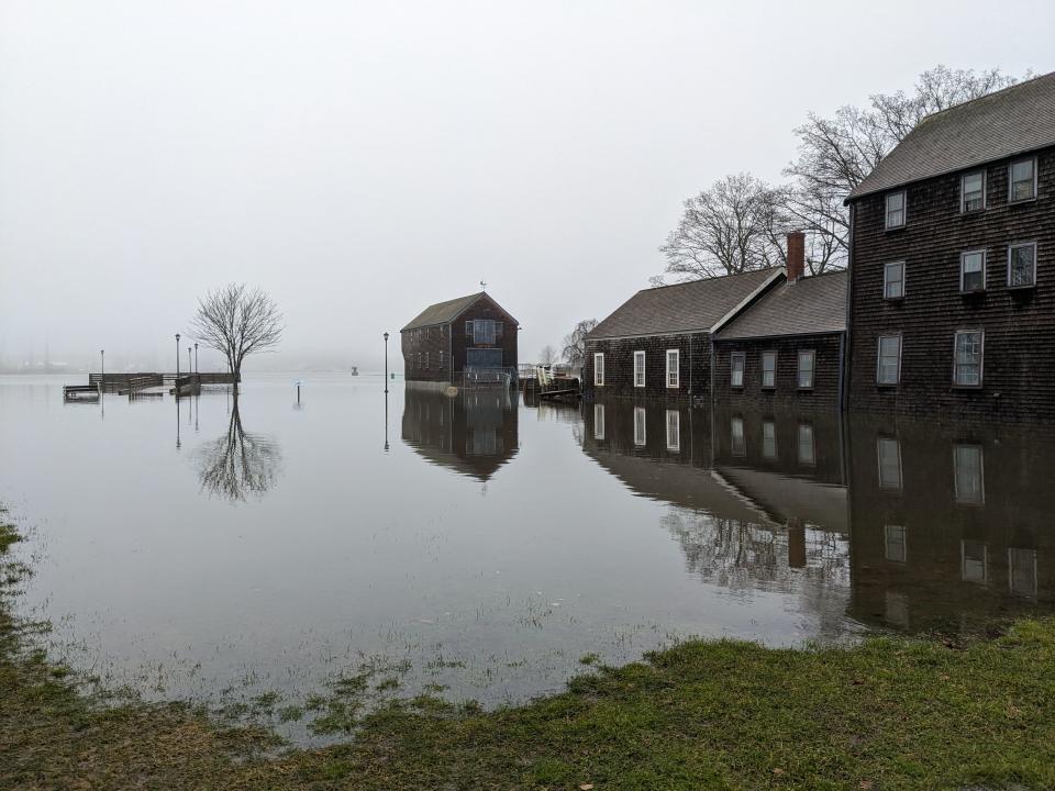 Flooding in Portsmouth during the rain storm Saturday, Jan. 13, 2024, is seen around Prescott Park.