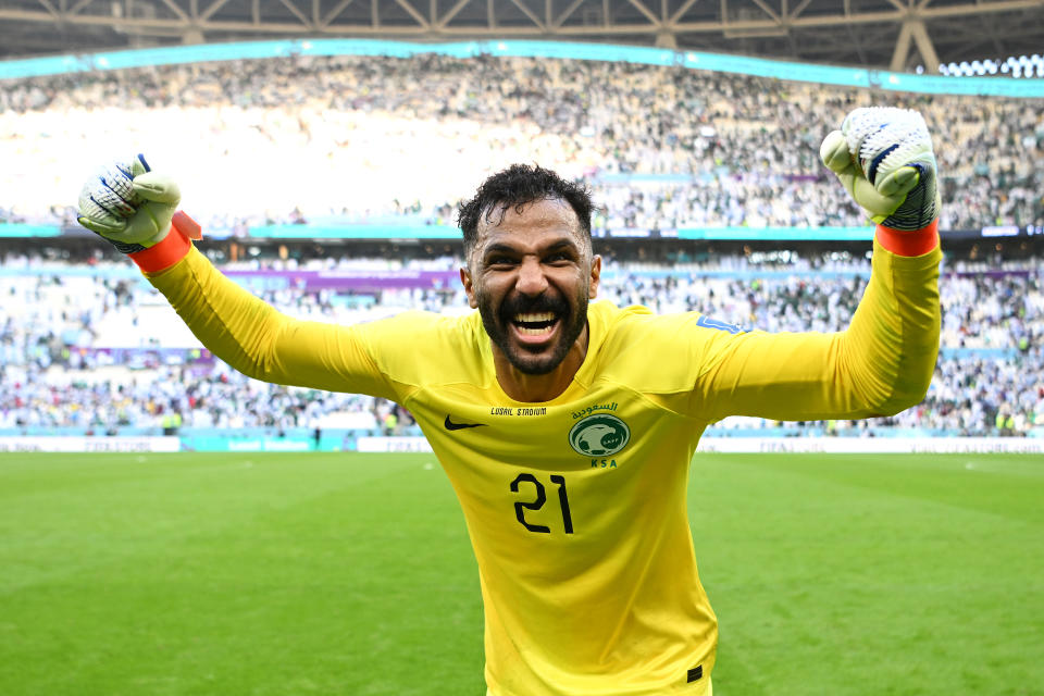 LUSAIL CITY, QATAR - NOVEMBER 22: Mohammed Al-Owais of Saudi Arabia celebrates the 2-1 win during the FIFA World Cup Qatar 2022 Group C match between Argentina and Saudi Arabia at Lusail Stadium on November 22, 2022 in Lusail City, Qatar. (Photo by Shaun Botterill - FIFA/FIFA via Getty Images)