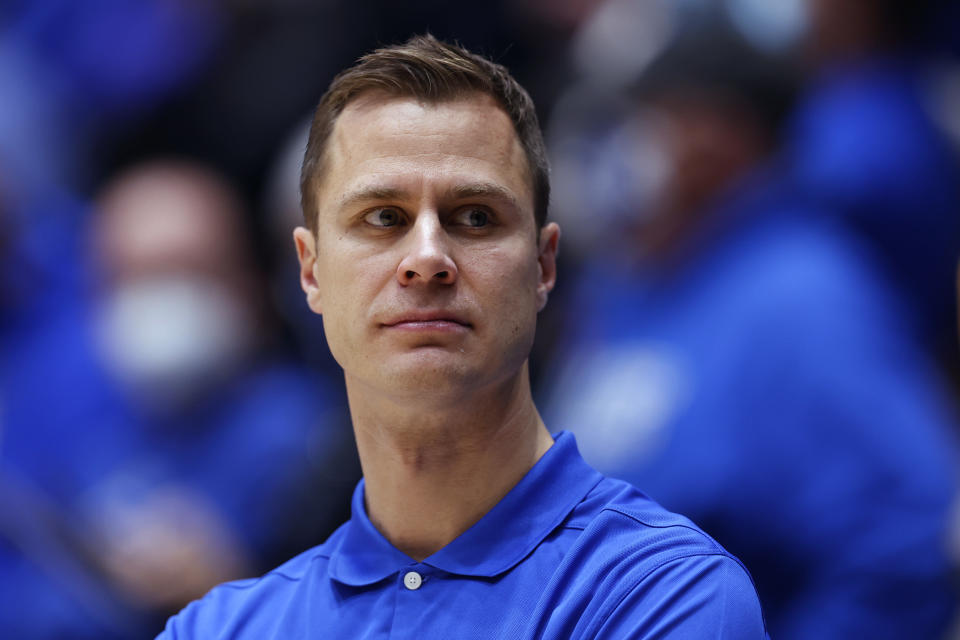 DURHAM, NORTH CAROLINA - NOVEMBER 22: Associate head coach Jon Scheyer of the Duke Blue Devils watches during their game against the Citadel Bulldogs at Cameron Indoor Stadium on November 22, 2021 in Durham, North Carolina. (Photo by Grant Halverson/Getty Images)