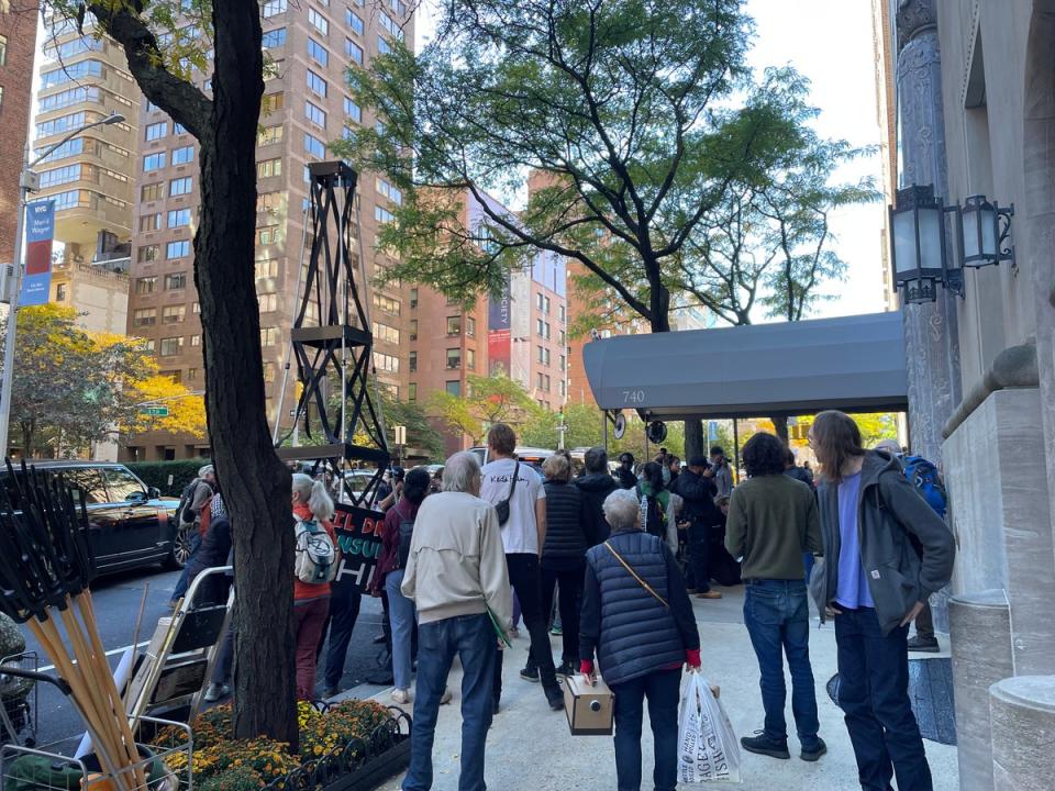 A replica oil tower put up by the protestors at Thursday’s demonstration (Ethan Freedman/The Independent)