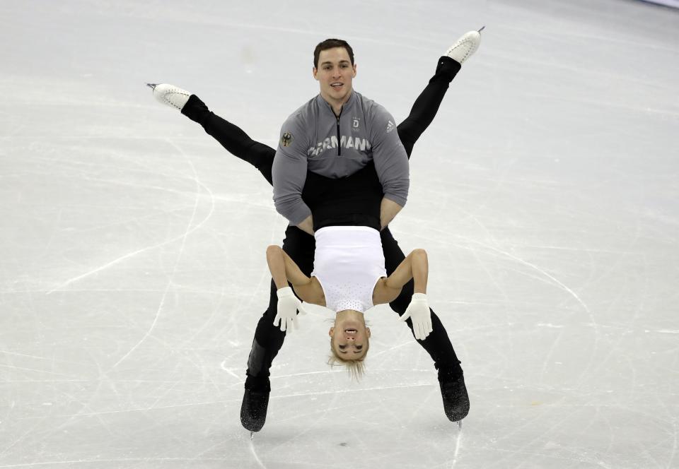 <p>Germany’s Aljona Savchenko and Bruno Massot perform during a practice session, at the 2018 Winter Olympics in Gangneung, South Korea, Thursday, Feb. 8, 2018. (AP Photo/Bernat Armangue) </p>