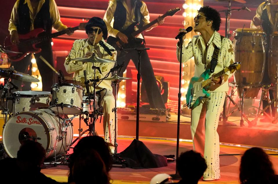 Anderson .Paak, left, and Bruno Mars of Silk Sonic perform "777" at the 64th Annual Grammy Awards on Sunday, April 3, 2022, in Las Vegas.