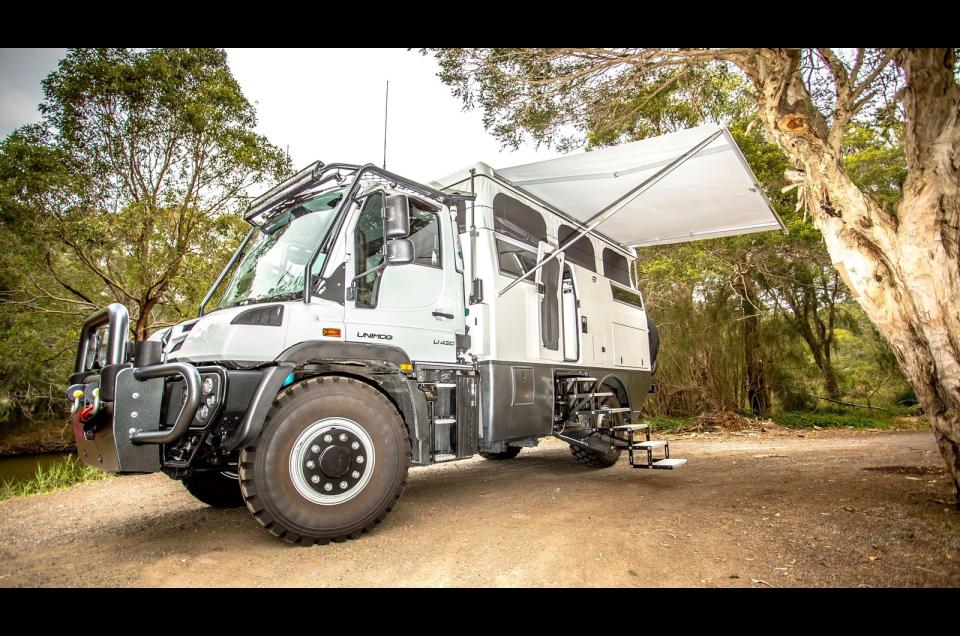 <p>Combine a Unimog U 430 with a camper and you get the Earthcruiser, an off-road mobile home that can navigate challenging terrain with ease thanks to its chunky off-road tyres and 300bhp powerplant. In standard form, it has tanks that store up to 860 litres of water and 800 litres of fuel, two fridges, an electric winch, washing machine, BBQ, a chainsaw and five external CCTV cameras. It’s good for <strong>minus 40-degree</strong> Arctic temperatures and it even has its own four-point lifting system for changing its tyres.</p>