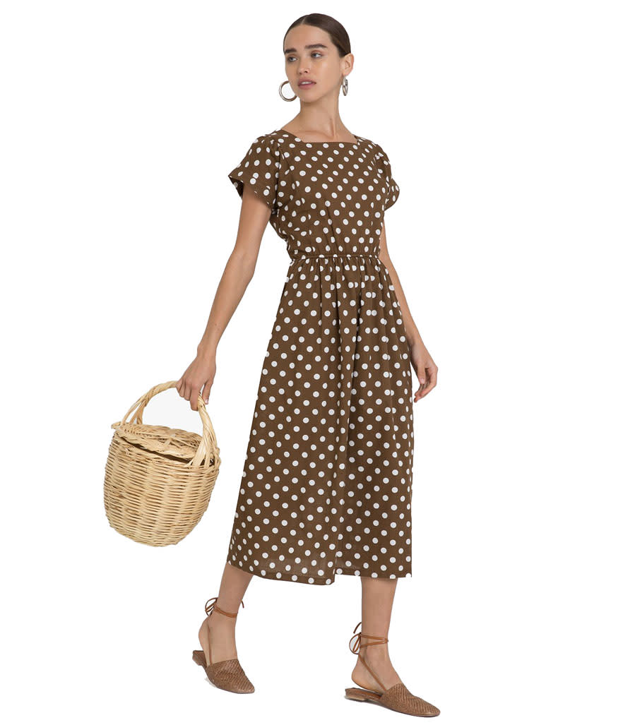 <p>Polka dot midi dress, $88, <a rel="nofollow noopener" href="https://www.pixiemarket.com/collections/dresses/products/brown-polka-dot-midi-dress?variant=6473474048032" target="_blank" data-ylk="slk:pixiemarket.com;elm:context_link;itc:0;sec:content-canvas" class="link ">pixiemarket.com</a> </p>