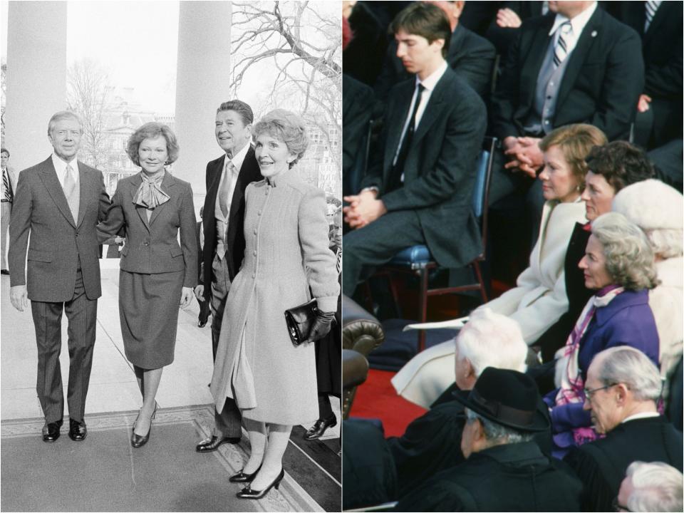 Side by side of the two couples with Rosalynn in a skirt suit and pussybow necktie next to her sitting in a long white coat.