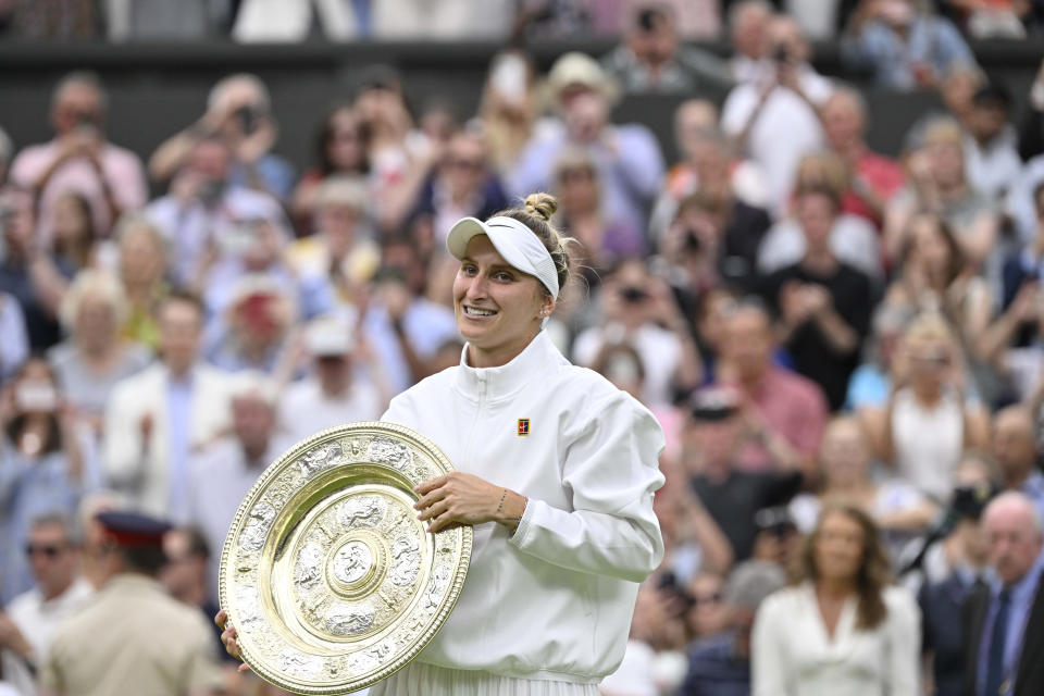 Marketa Vondrousova claimed her maiden Grand Slam title in Saturday&#39;s Wimbledon final (Reuters via Beat Media Group subscription)