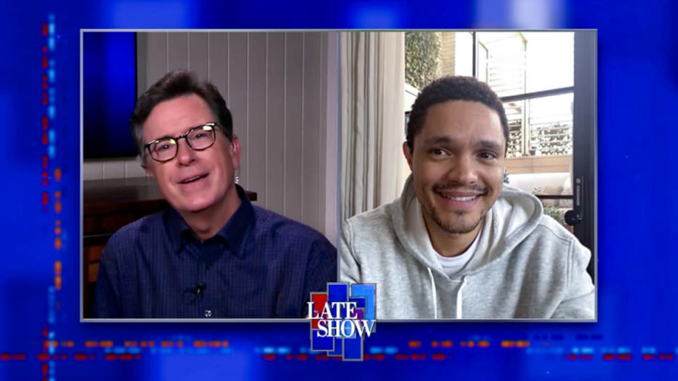 Stephen Colbert and Trevor Noah in The Late Show - Credit: CBS