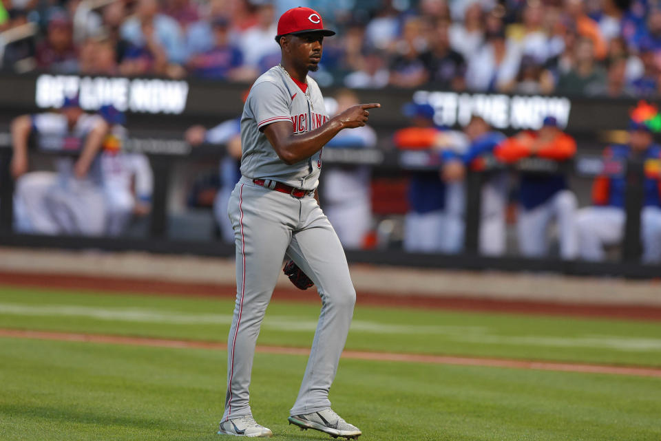Aug 8, 2022; New York City, New York, USA; Cincinnati Reds starting pitcher Justin Dunn (38) reacts after striking out New York Mets center fielder Brandon Nimmo (not pictured) to end the second inning at Citi Field. Mandatory Credit: Vincent Carchietta-USA TODAY Sports