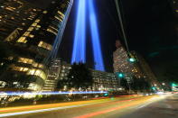 <p>The Tribute in Light rises above the New York skyline from West Street on Sept. 11, 2018. (Photo: Gordon Donovan/Yahoo News) </p>