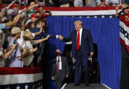 President Donald Trump arrives to speaks at a campaign rally at Williams Arena in Greenville, N.C., Wednesday, July 17, 2019. (AP Photo/Carolyn Kaster)