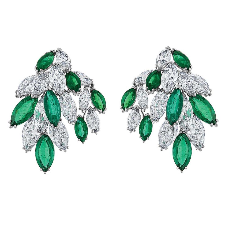 Reza’s Platinum Cascade articulated earrings are crafted of 27.8 carats of marquise-cut emeralds and 32.11 carats of marquise-cut diamonds set in platinum; price upon request, at worldofreza.com