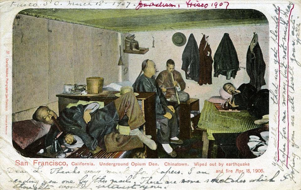 Postcard of Chinese opium den in San Francisco 1900s