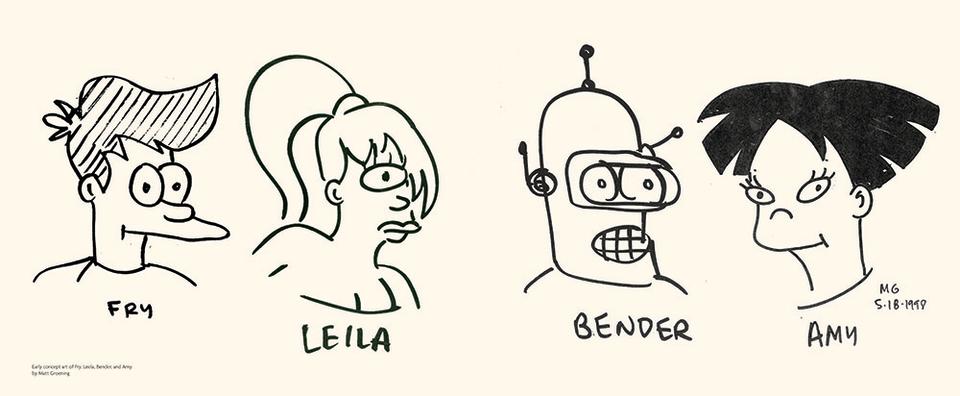 Early concept art of Fry, Leela, Bender, and Amy by Matt Groening.