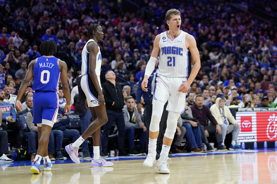 Orlando Magic's Moritz Wagner (21) reacts after a basket during the second half of an NBA basketball game against the Philadelphia 76ers, Monday, Jan. 30, 2023, in Philadelphia. (AP Photo/Matt Slocum)