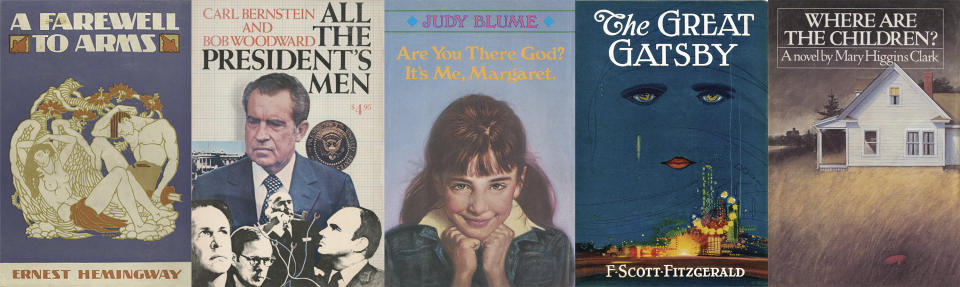 This combination of book cover images shows "A Farewell to Arms" by Ernest Hemingway, from left, "All the President's Men" by Carl Bernstein and Bob Woodward, "Are You There God? It's Me, Margaret" by Judy Blume, "The Great Gatsby" by F. Scott Fitzgerald and "Where Are the Children" by Mary Higgins Clark. (Simon & Schuster via AP)