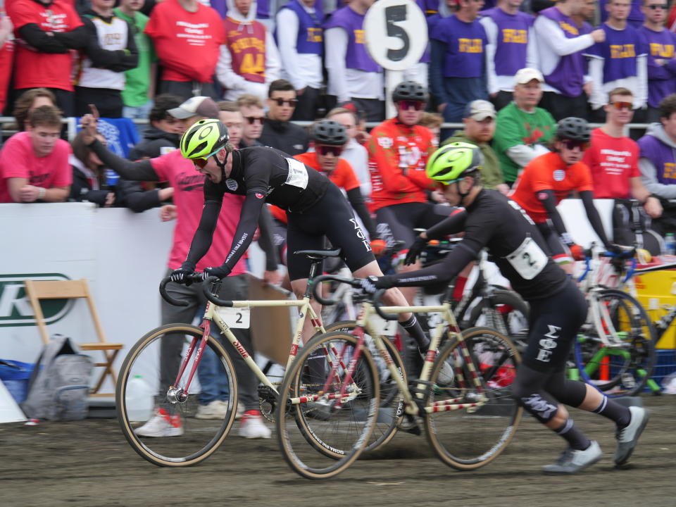 SigEp makes a two-bike exchange during their sprint strategy solo breakaway