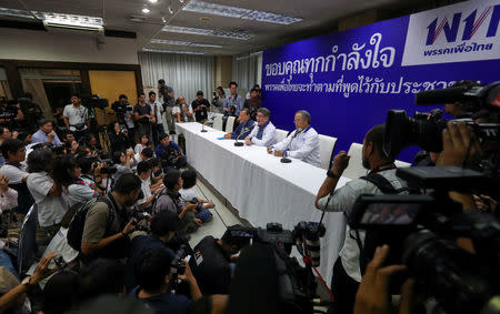 Members of Pheu Thai Party hold a news conference after unofficial results, during the general election in Bangkok, Thailand, March 24, 2019. REUTERS/Athit Perawongmetha