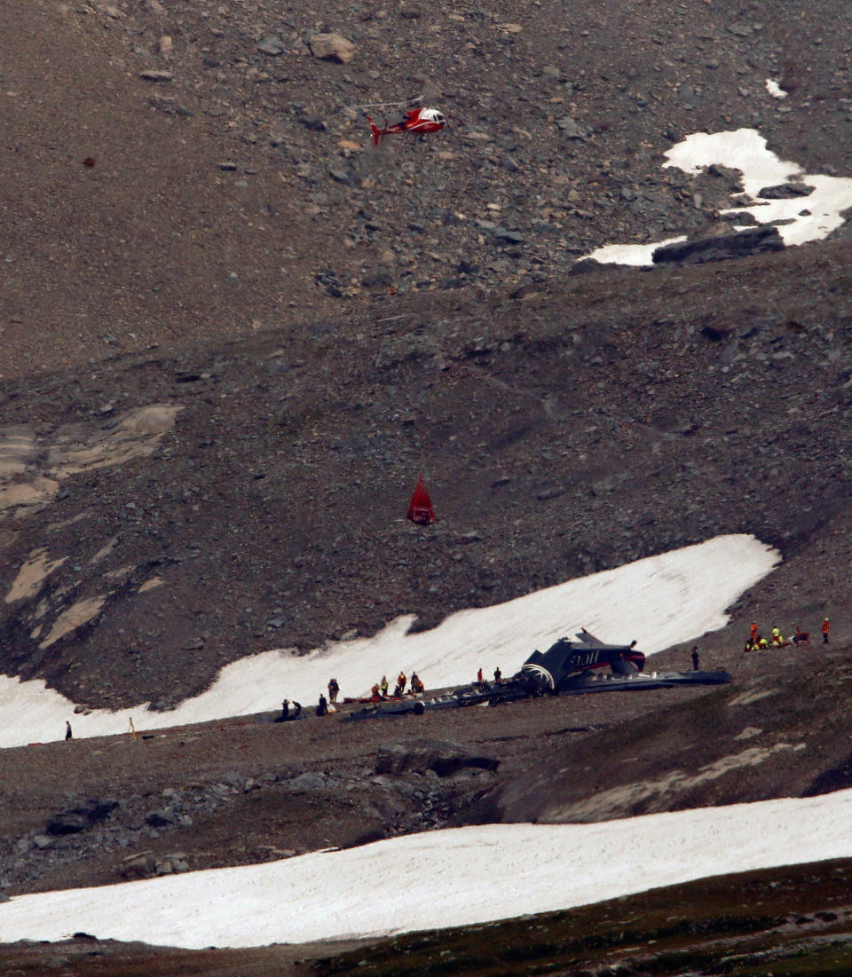 A general view of the accident site of a Junkers Ju-52 airplane of the local airline JU-AIR, in 2,450 meters (8,038 feet) above sea level near the mountain resort of Flims, Switzerland August 5, 2018. REUTERS/Arnd Wiegmann