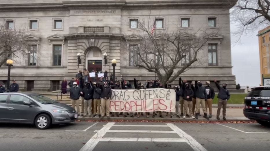 A screengrab of a video posted by neo-Nazi group NSC-131 giving the Nazi salute outside of the Fall River Public Library.