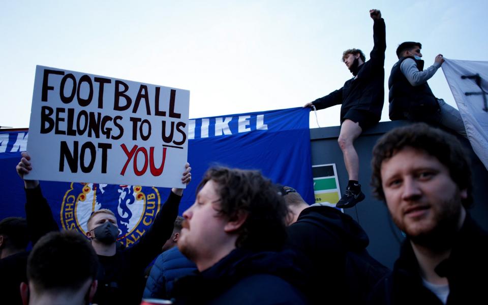 Chelsea fans protesting against the European Super League last month - GETTY IMAGES